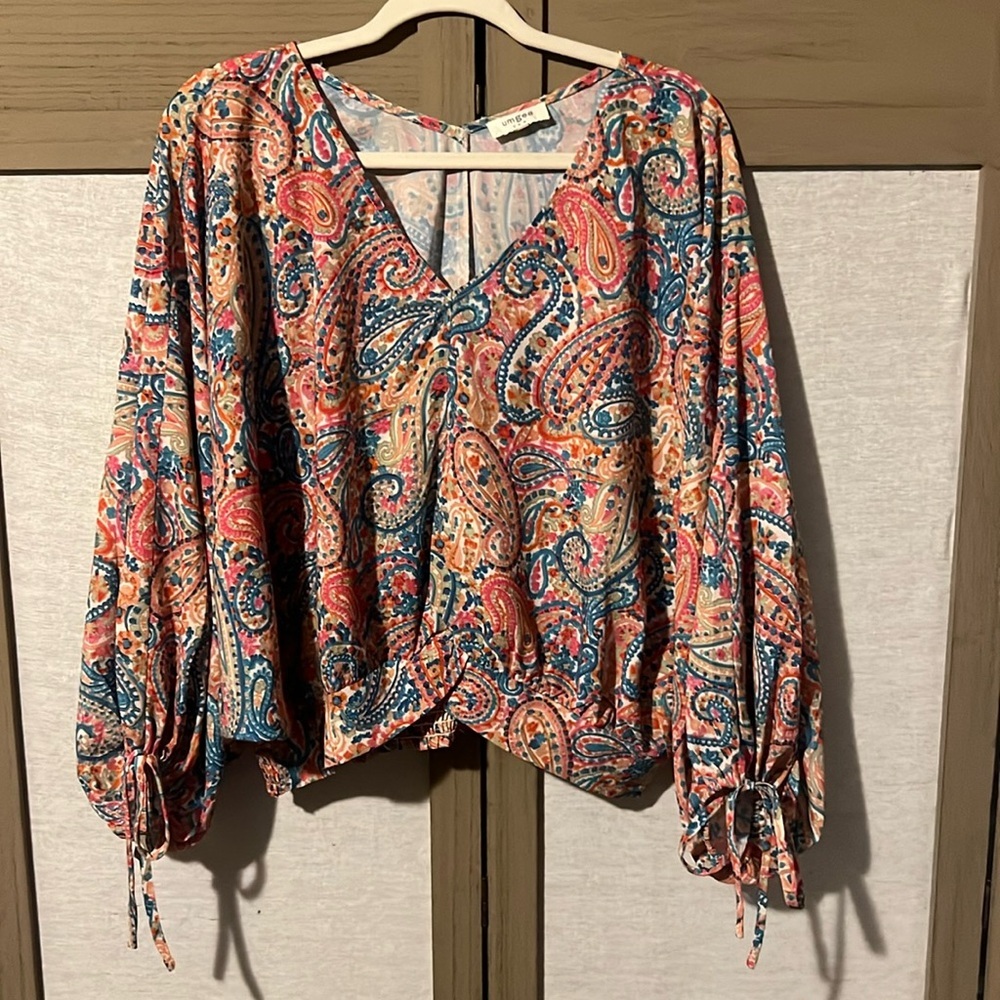 UMGEE Paisley Print Pink and Turquoise Puff Sleeve Top - Size Small